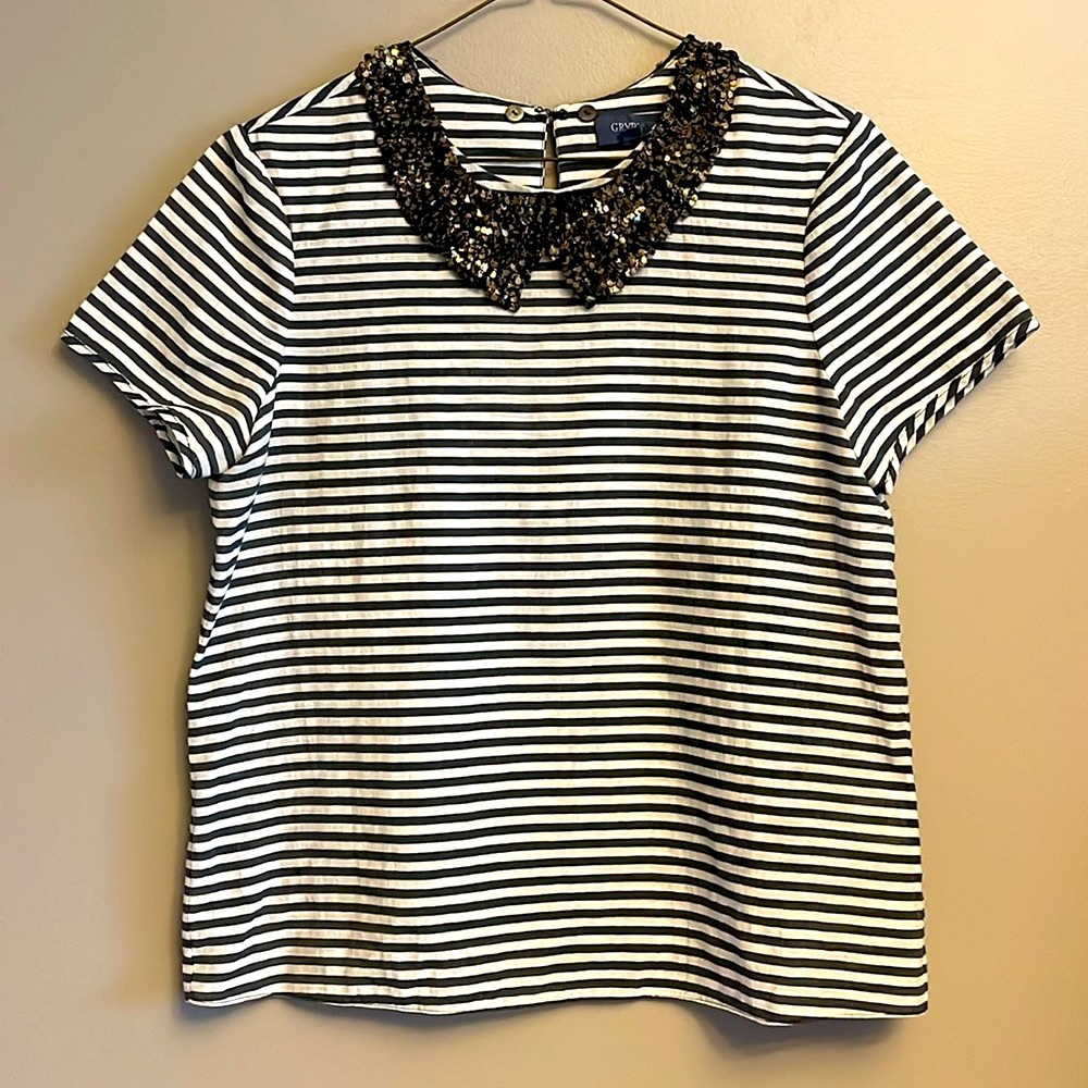 GRYPHON | Boxy Top with Removable Sequin Collar Gray and White Stripes - sz S